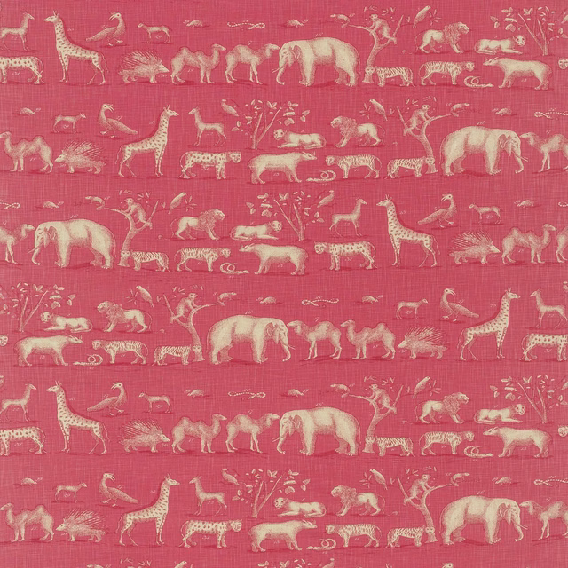 Raspberry pink animal print with cream elephants, giraffes and fine woven texture
