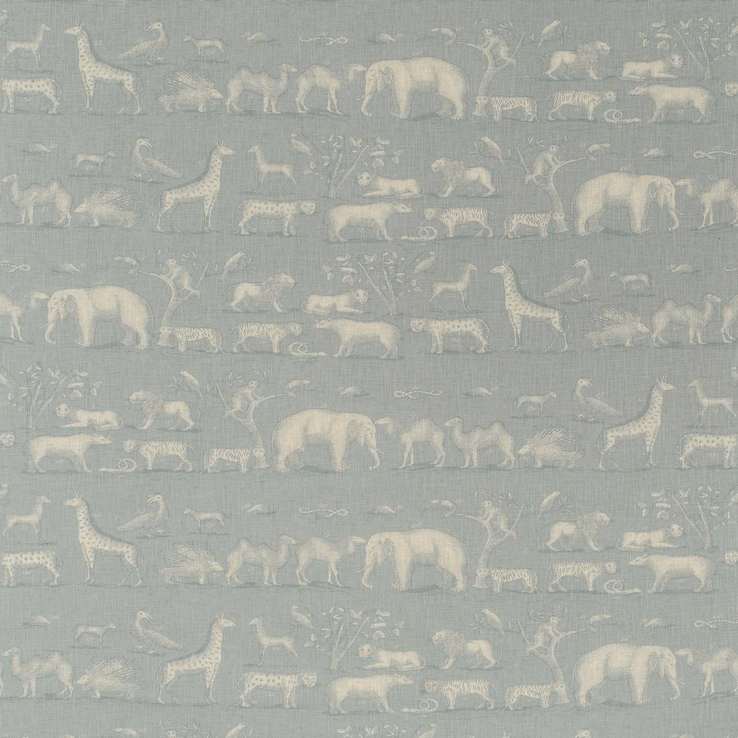 Powder-blue fabric with ivory elephants, giraffes and zebras in horizontal bands