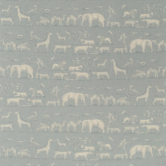 Powder-blue fabric with ivory elephants, giraffes and zebras in horizontal bands