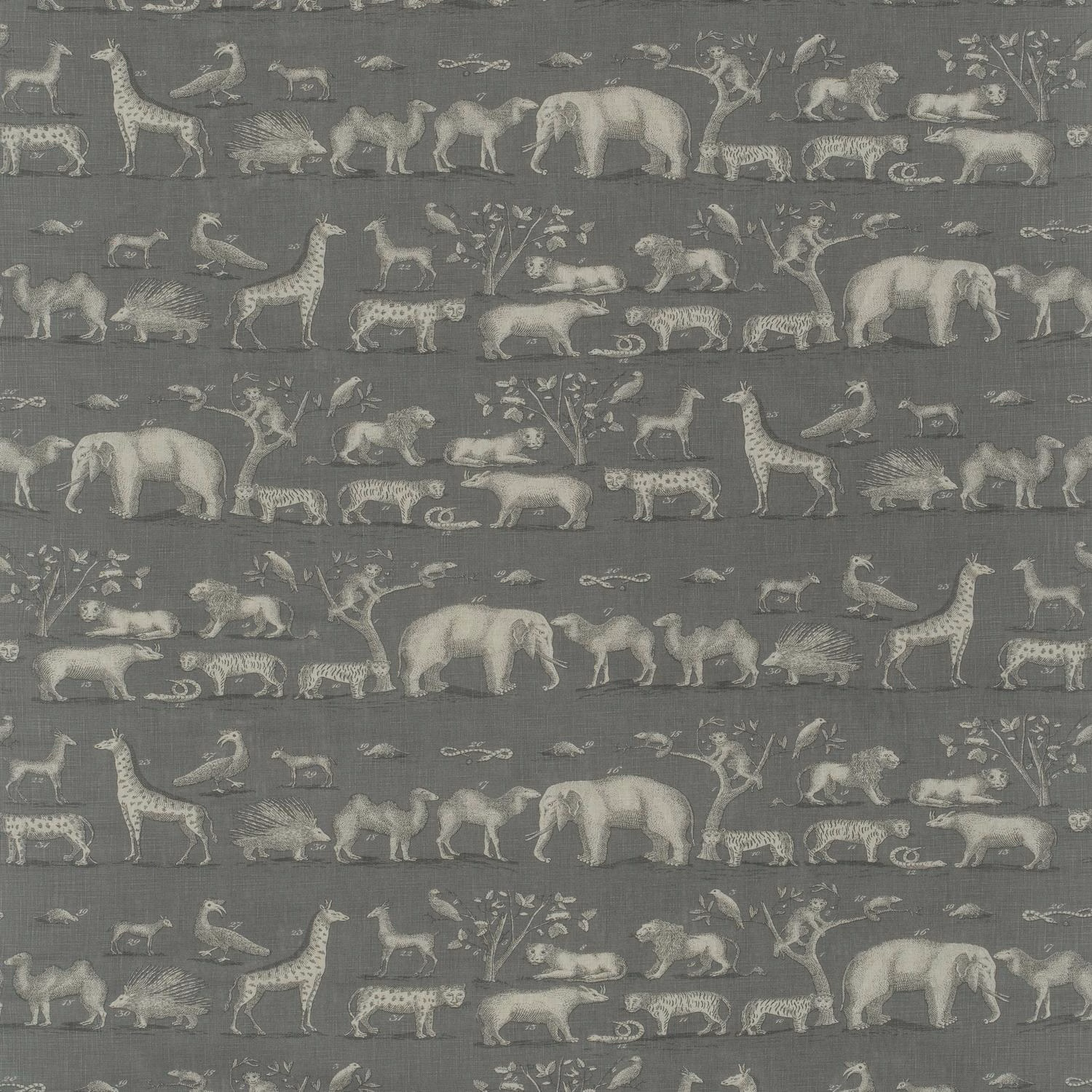 Cool slate-grey fabric with ivory elephants, giraffes, birds and big cats in rows.