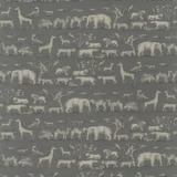 Cool slate-grey fabric with ivory elephants, giraffes, birds and big cats in rows.