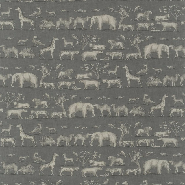 Cool slate-grey fabric with ivory elephants, giraffes, birds and big cats in rows.