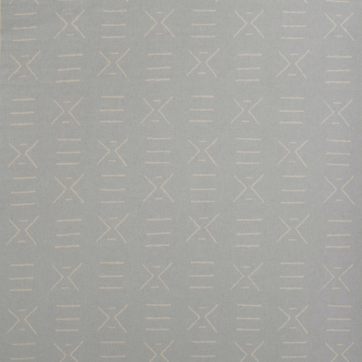 Powder blue-grey textile with ivory angular motifs and short horizontal lines
