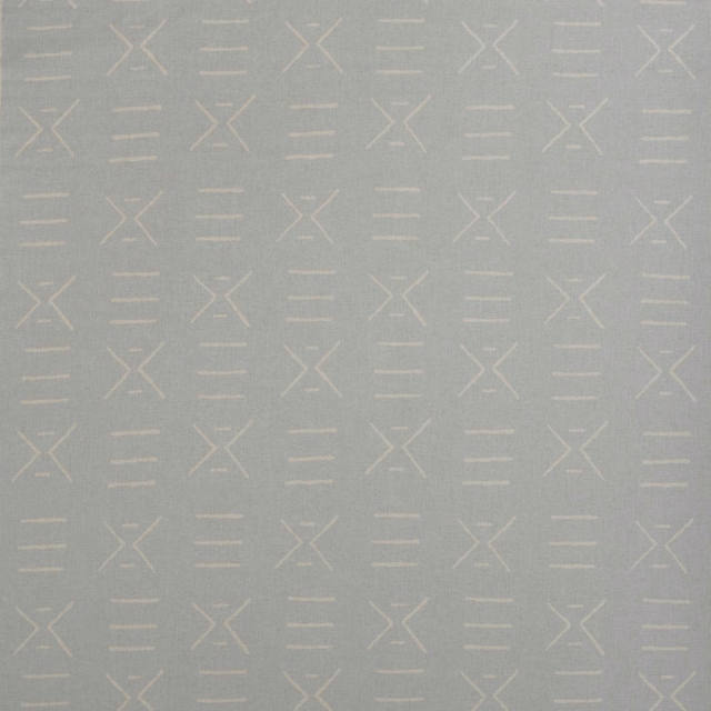 Powder blue-grey textile with ivory angular motifs and short horizontal lines