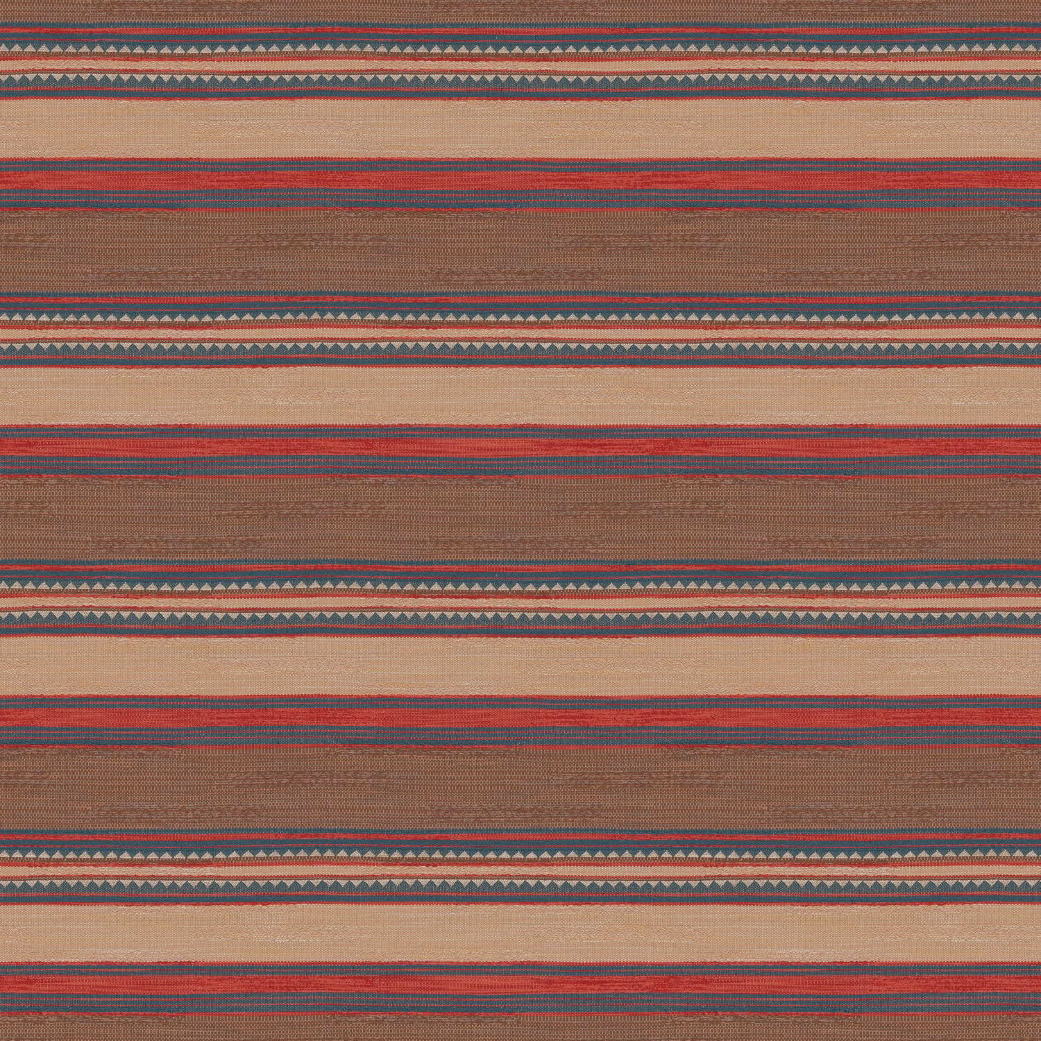 Taupe woven stripe with rust red, teal, brown bands and tiny triangles