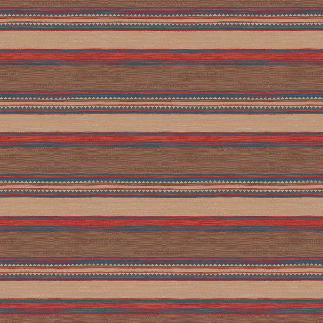 Taupe woven stripe with rust red, teal, brown bands and tiny triangles