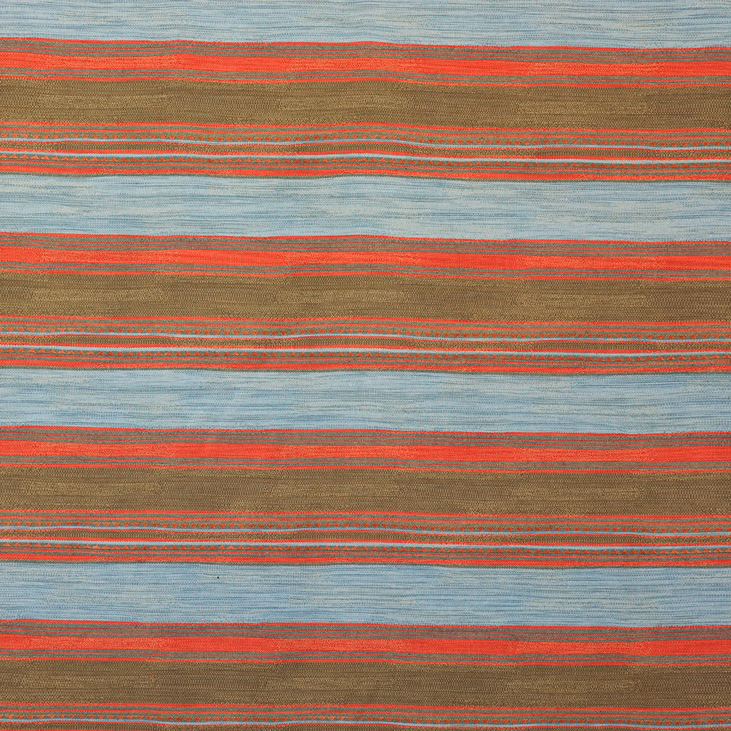 Blue-grey, olive-brown and coral-red horizontal striped woven fabric with fine texture
