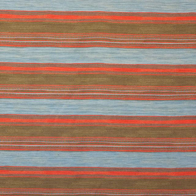 Blue-grey, olive-brown and coral-red horizontal striped woven fabric with fine texture