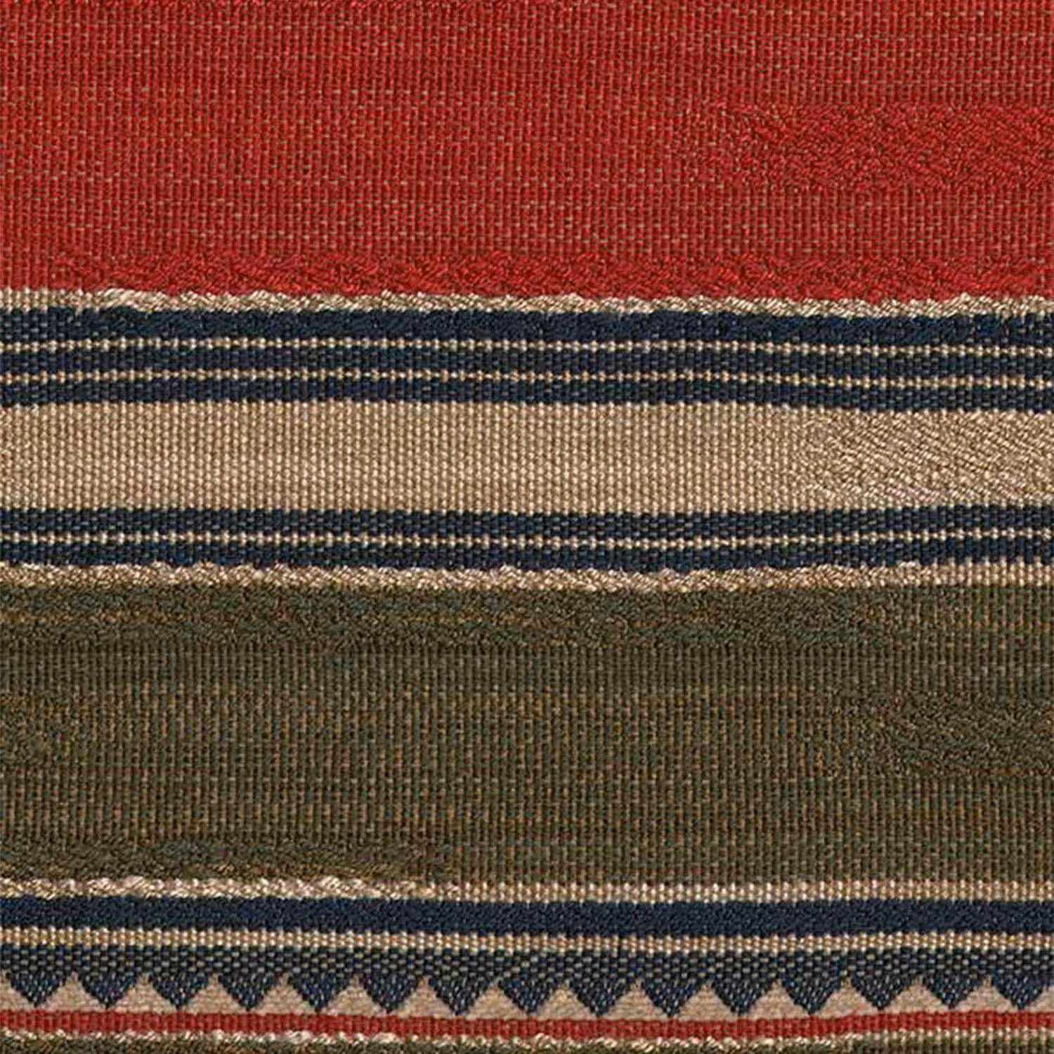 Rust red, navy, cream and olive striped weave with a geometric triangular border