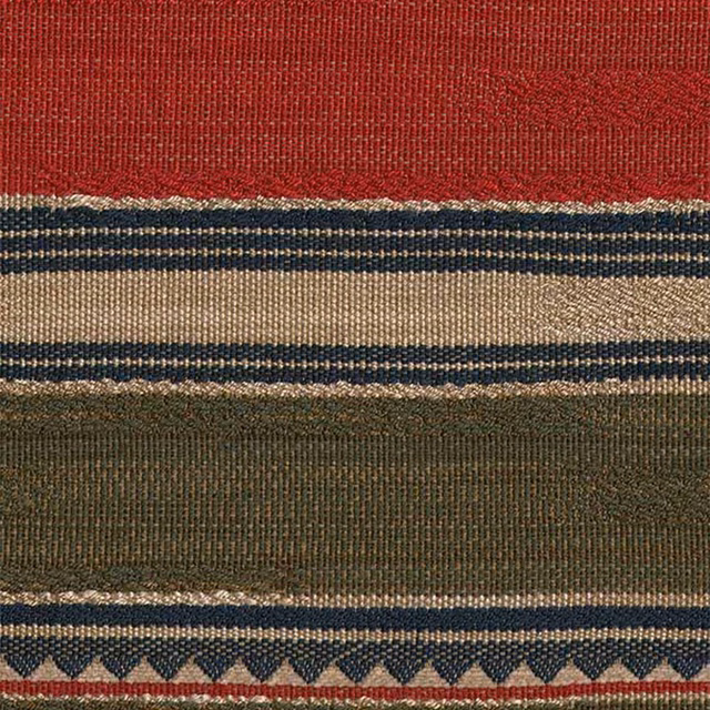 Rust red, navy, cream and olive striped weave with a geometric triangular border