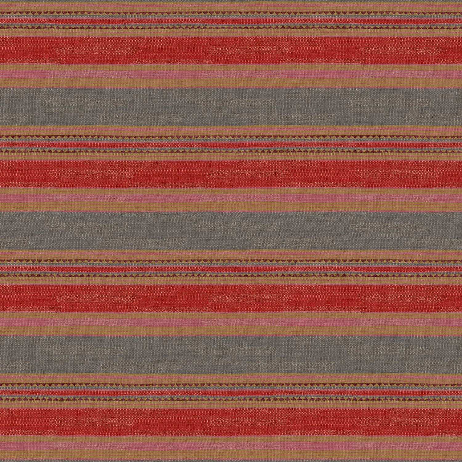 Red and grey striped textile with coral lines and narrow geometric woven borders