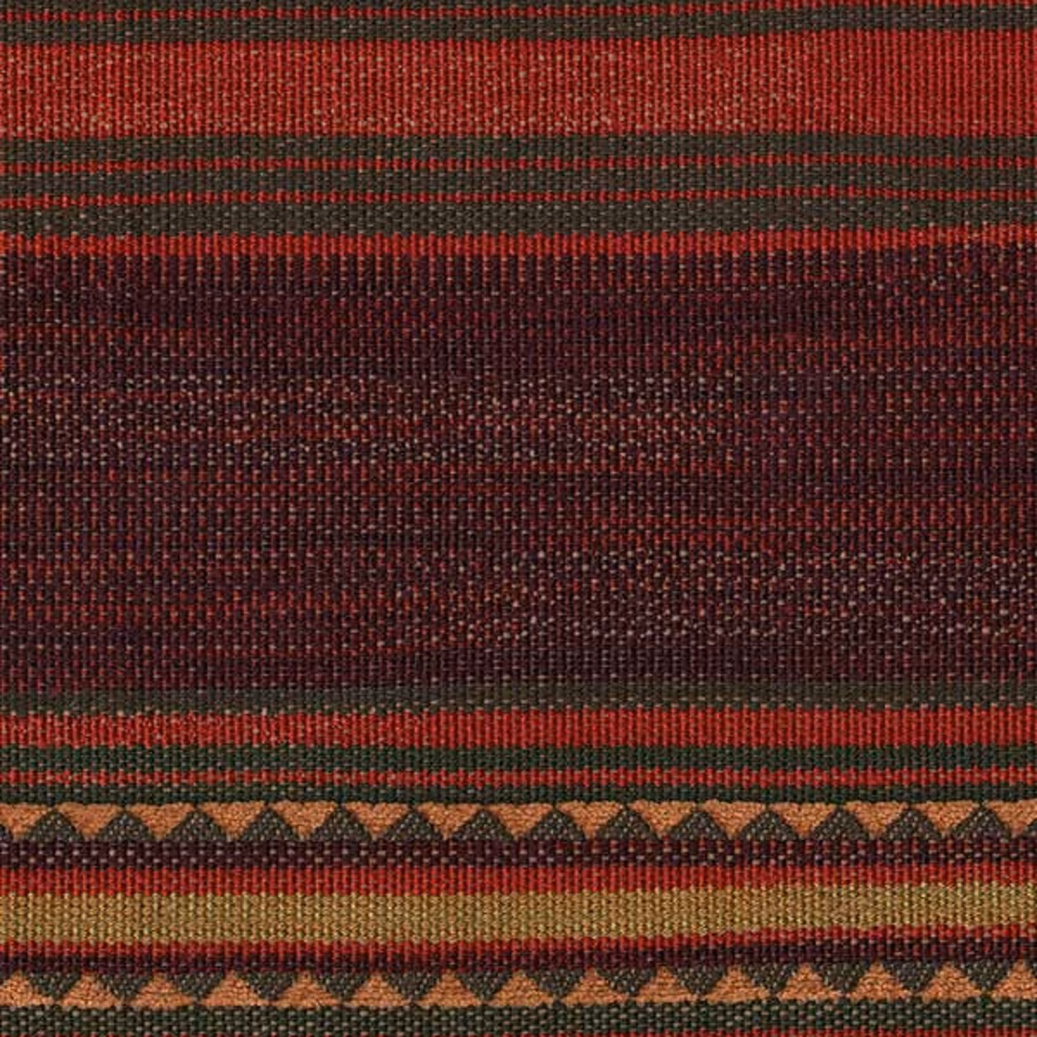 Close-up of burgundy woven textile with olive stripes and ochre geometric bands