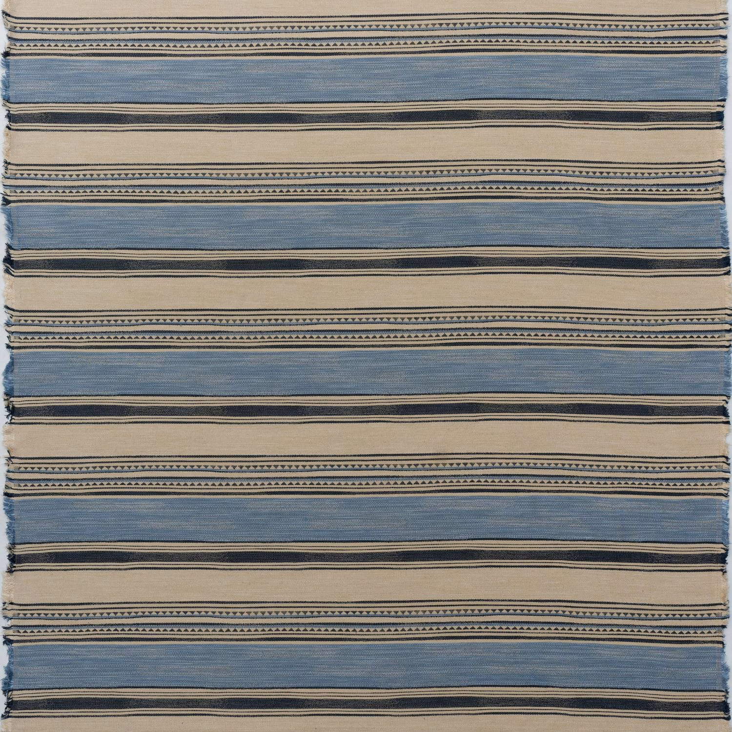 Muted blue and cream horizontal stripes with dark dotted bands in a textured weave