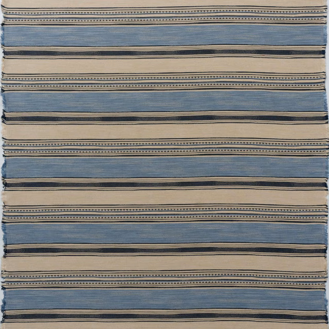 Muted blue and cream horizontal stripes with dark dotted bands in a textured weave
