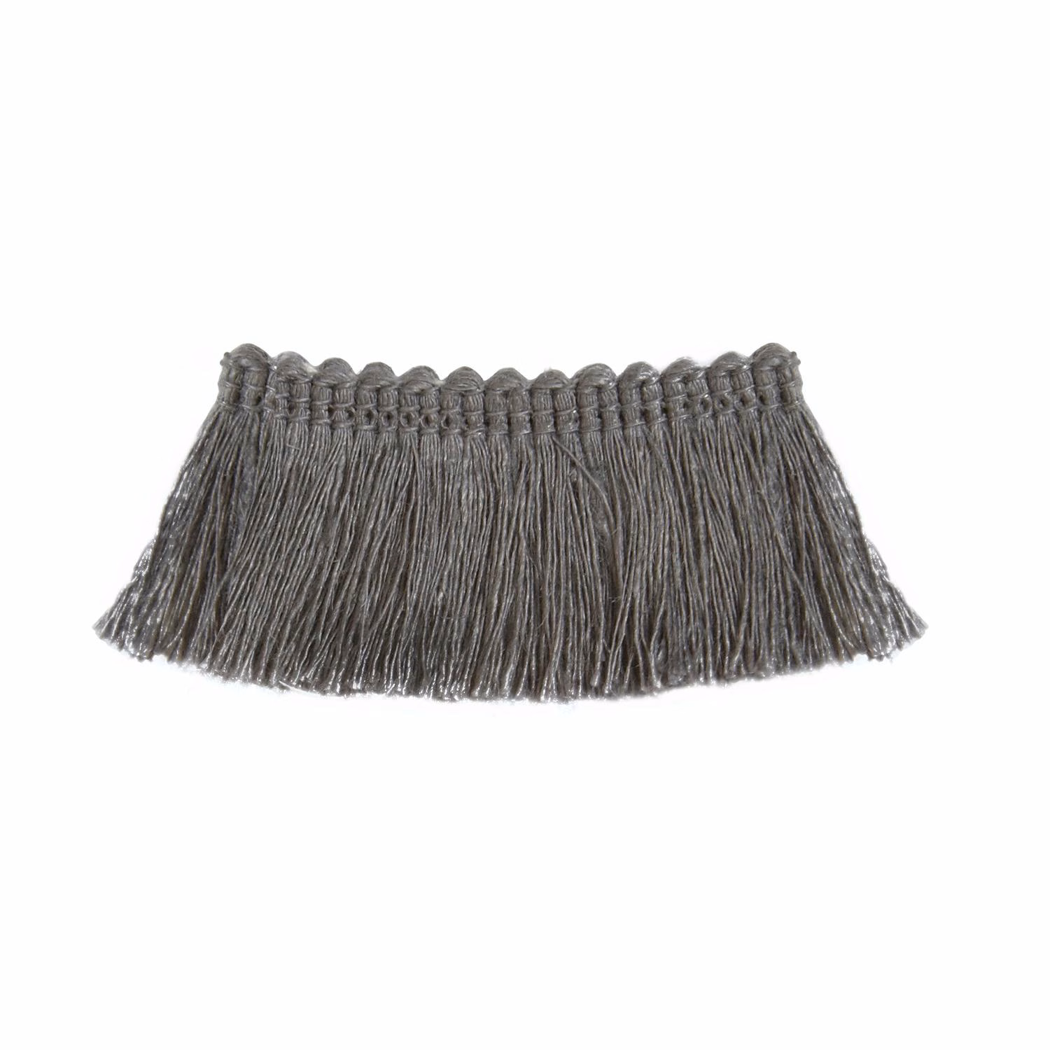 Deep charcoal grey upholstery fringe with long textured tassels and an irregular edge