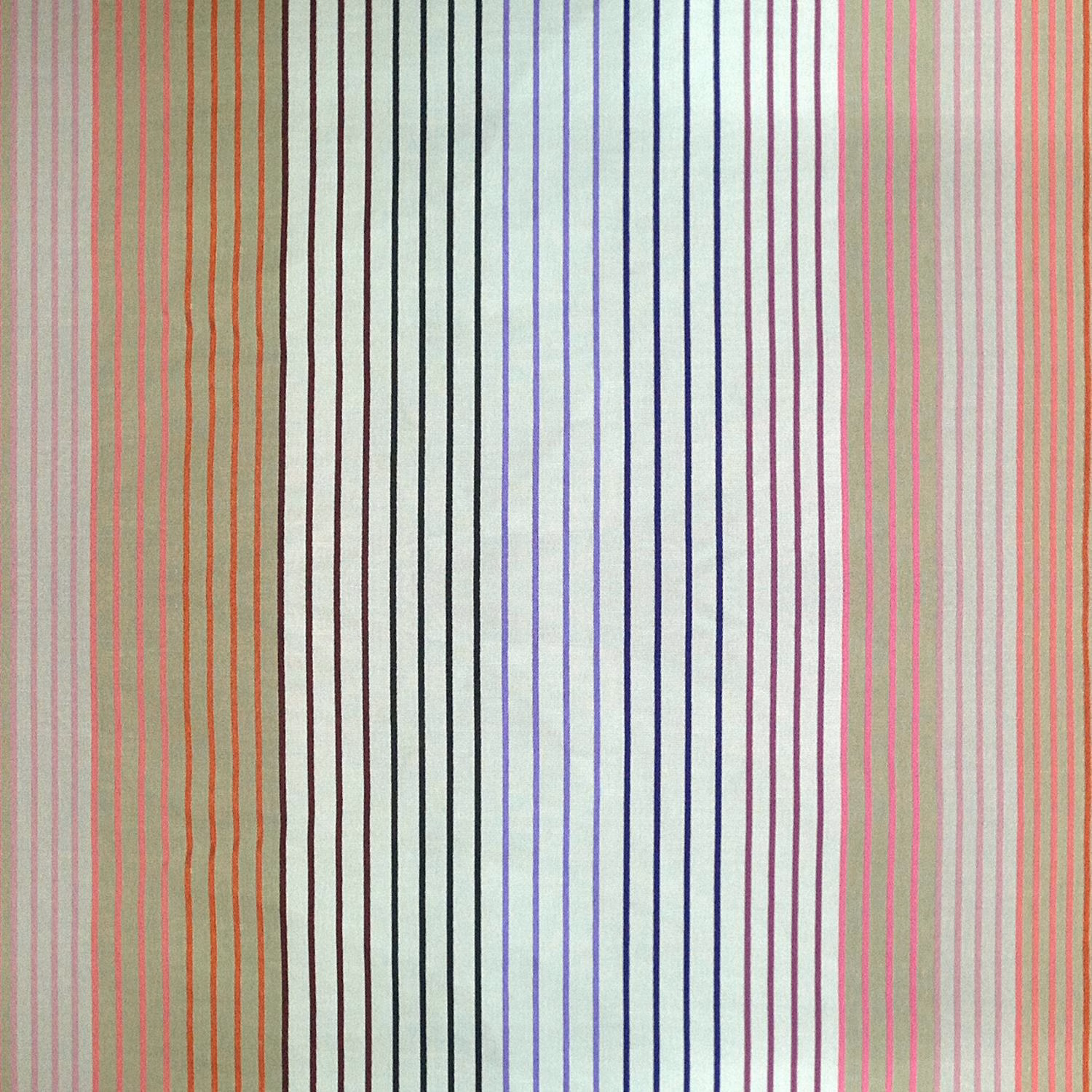 Fine vertical stripes in coral, lilac, navy, pink and green on a pale ground