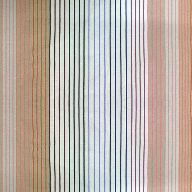 Fine vertical stripes in coral, lilac, navy, pink and green on a pale ground