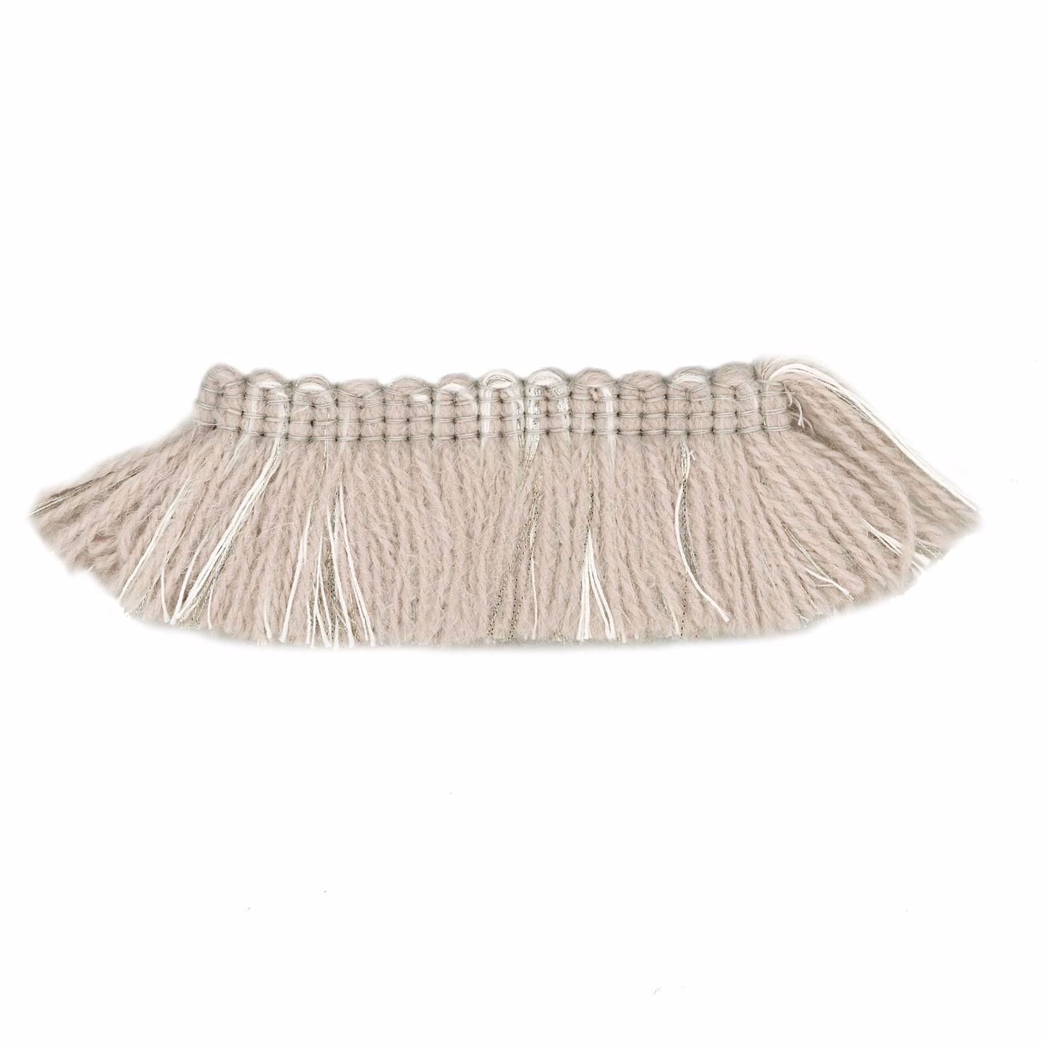 Pale grey-silver looped textile trim with softly lustrous, loose fringe