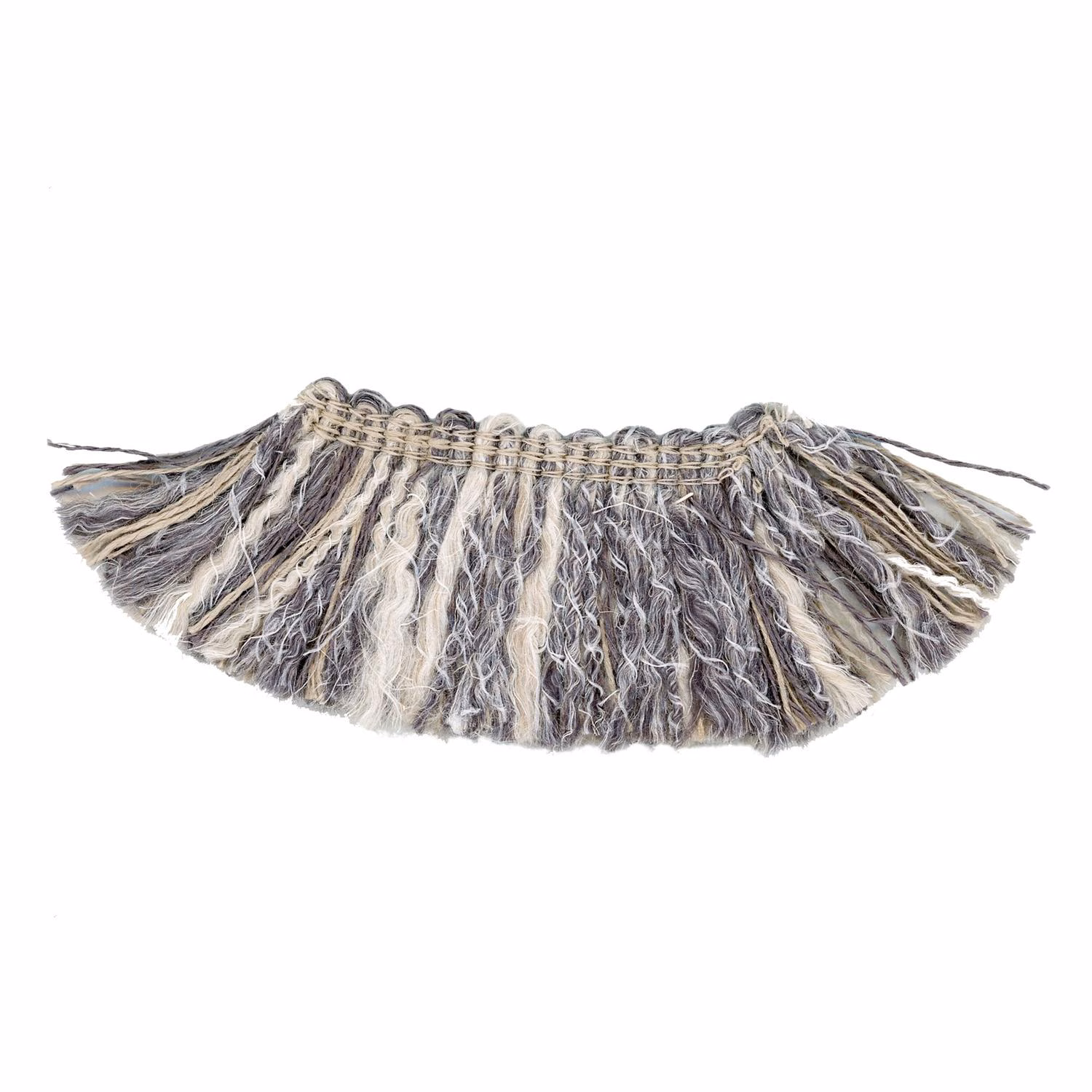 Gathered cool grey and ivory fringe trim with shaggy variegated yarns