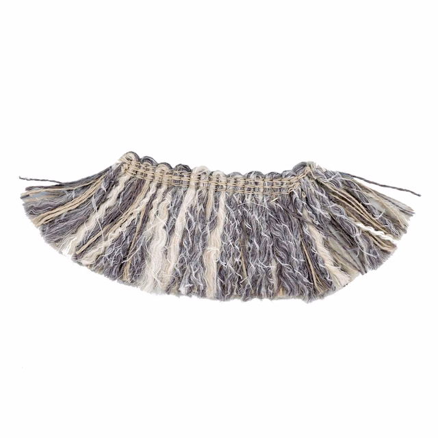 Gathered cool grey and ivory fringe trim with shaggy variegated yarns