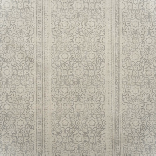 Cloud-grey and ivory cotton print with intricate vertical ornamental damask bands