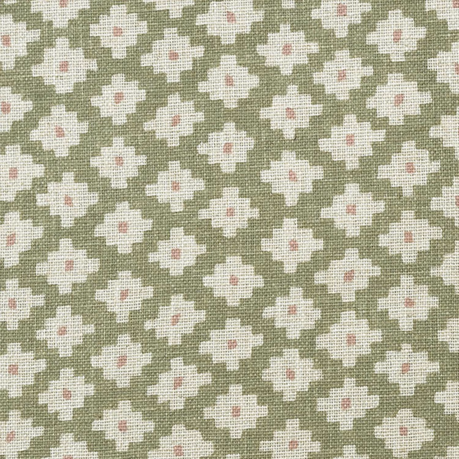 Fennel-green woven fabric with cream geometric blooms and blush-pink centres