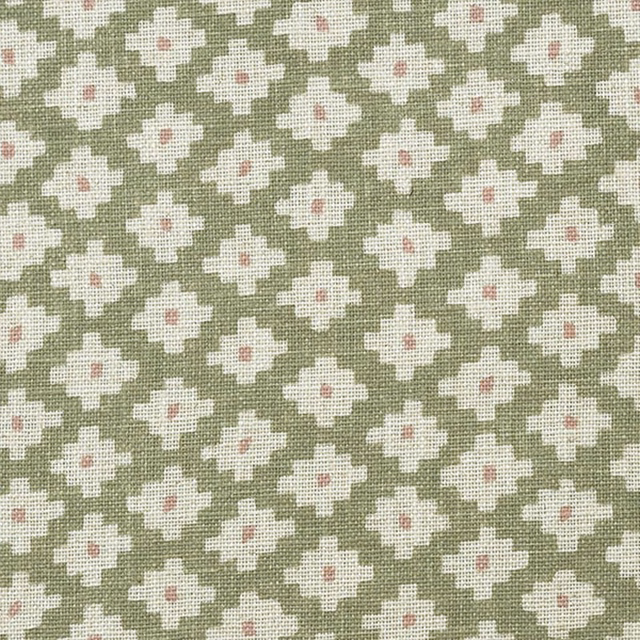 Fennel-green woven fabric with cream geometric blooms and blush-pink centres