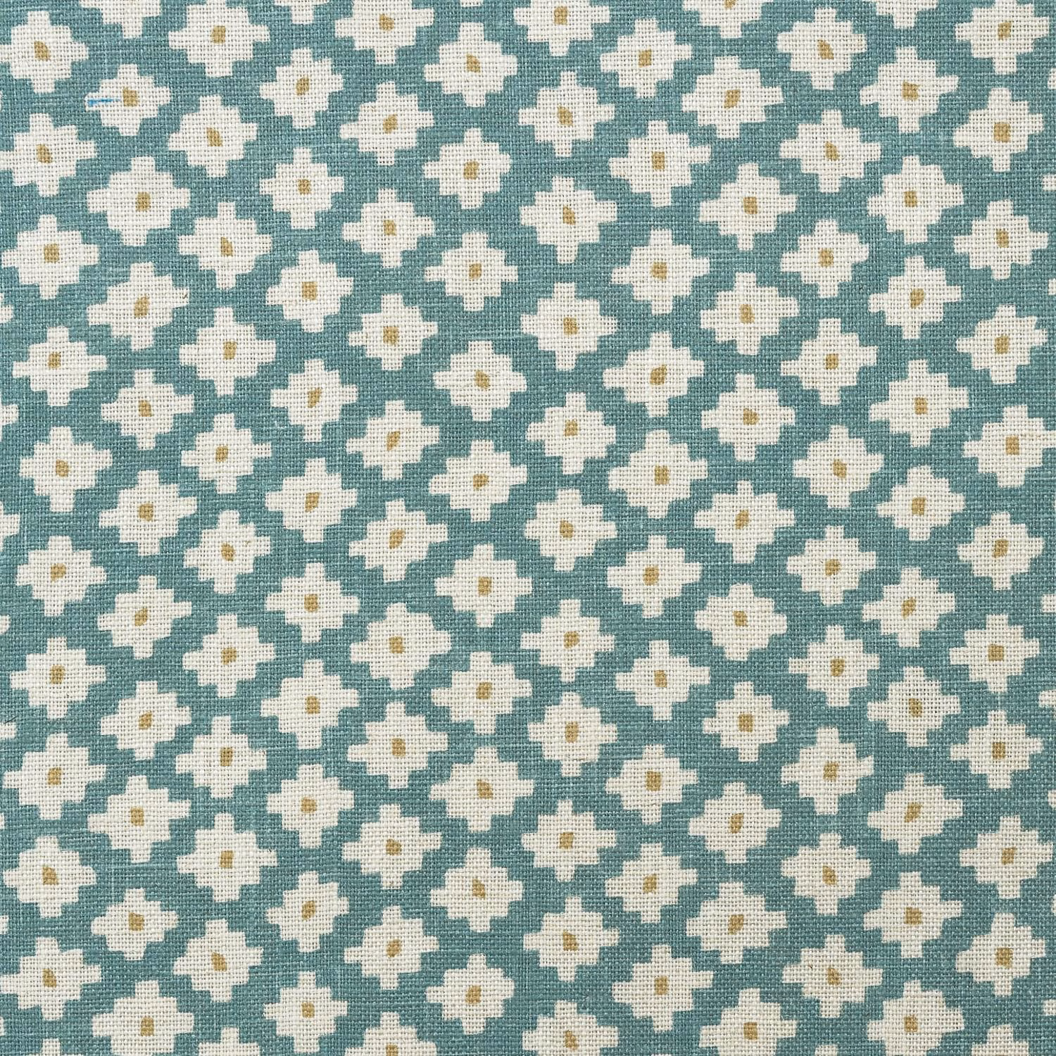 Textured turquoise cloth with repeated cream four-lobed flowers and tiny ochre centres