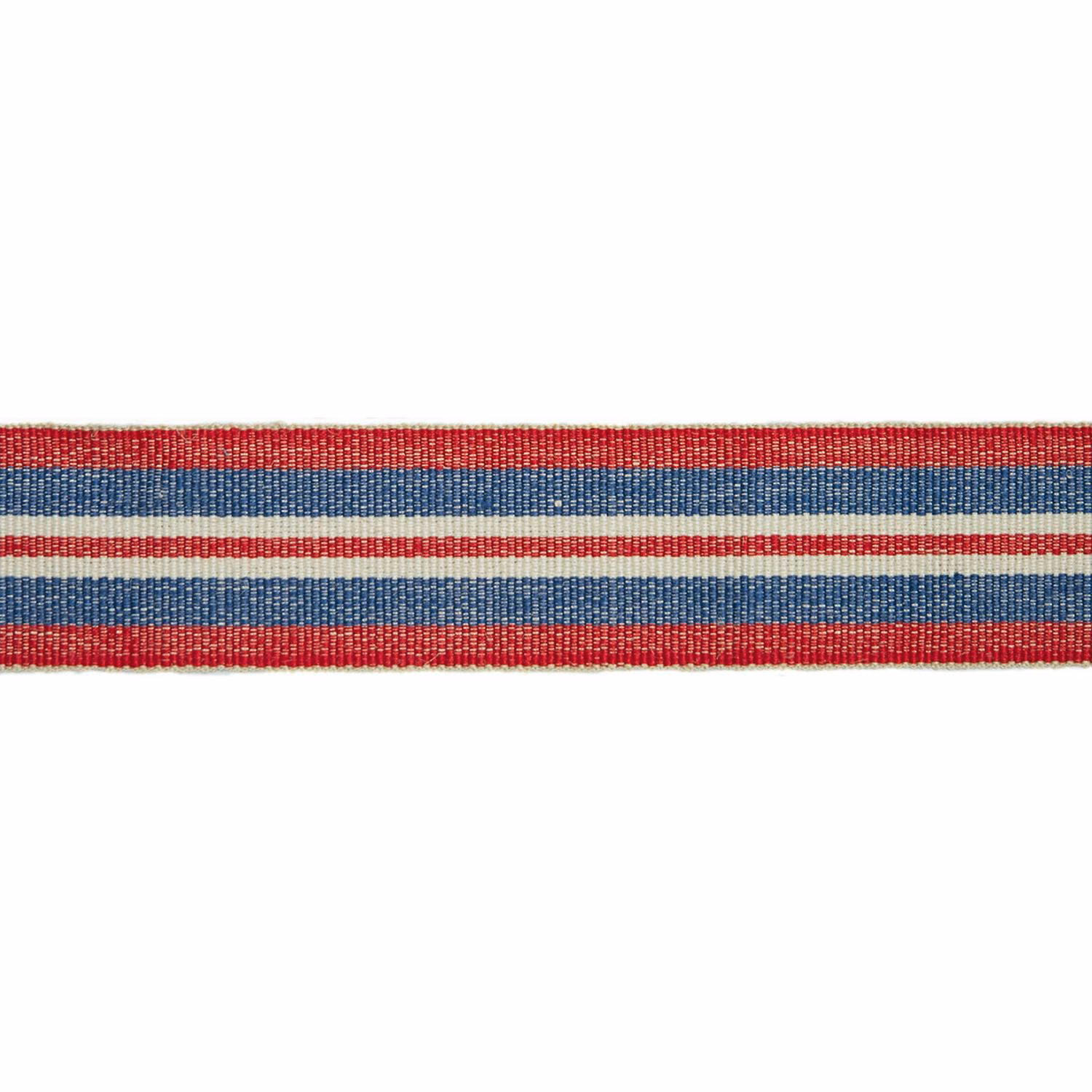 Closely woven red, navy and cream horizontal stripe trim with fine ribbed texture