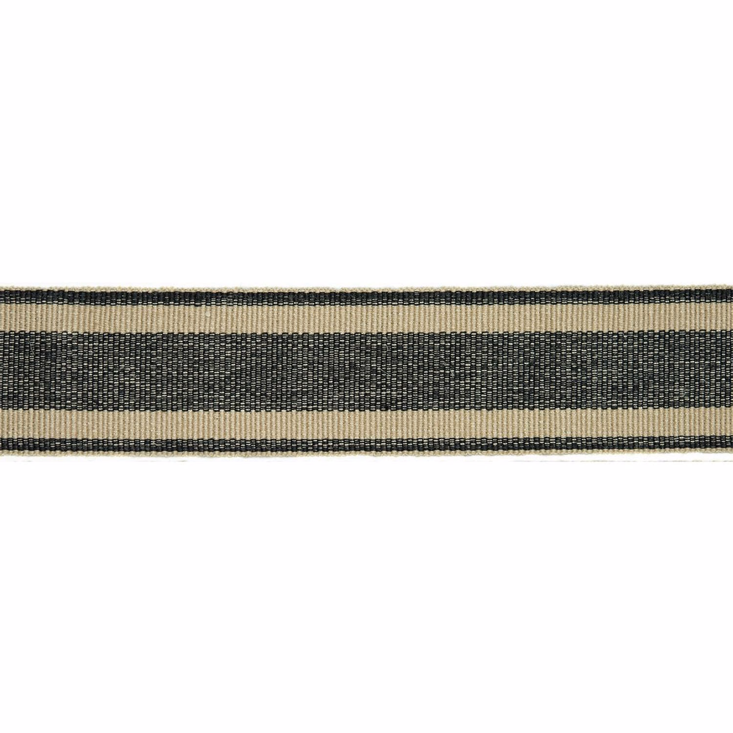 Charcoal and warm cream horizontal stripe fabric with a close woven texture