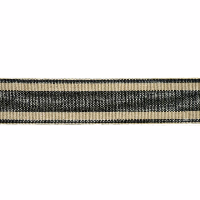 Charcoal and warm cream horizontal stripe fabric with a close woven texture