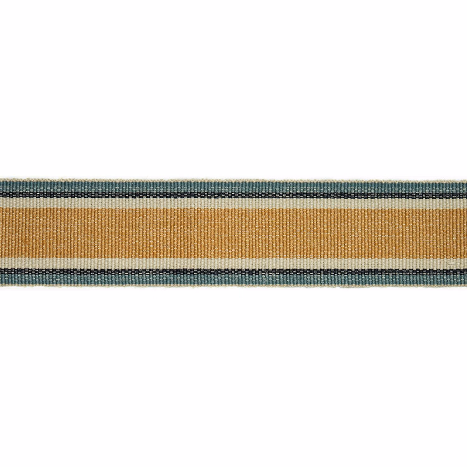 Warm ochre-gold woven stripe with dark teal borders and fine cream lines