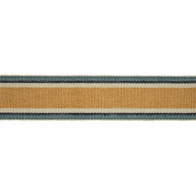 Warm ochre-gold woven stripe with dark teal borders and fine cream lines
