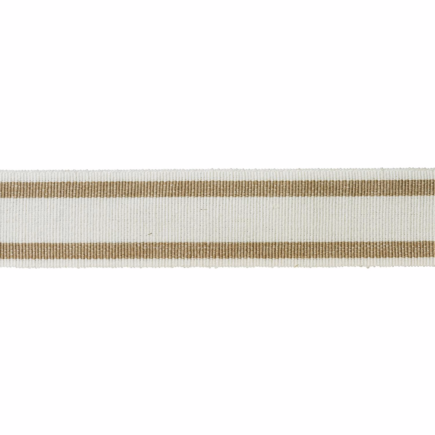 Warm ivory woven trim with muted camel horizontal stripes and fine ribbed texture