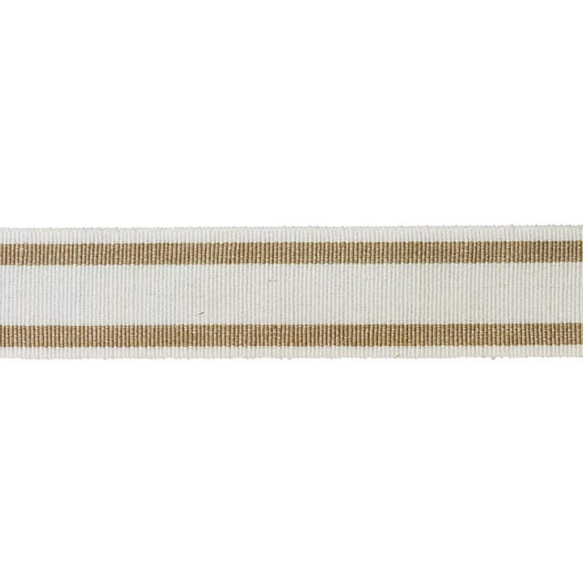 Warm ivory woven trim with muted camel horizontal stripes and fine ribbed texture