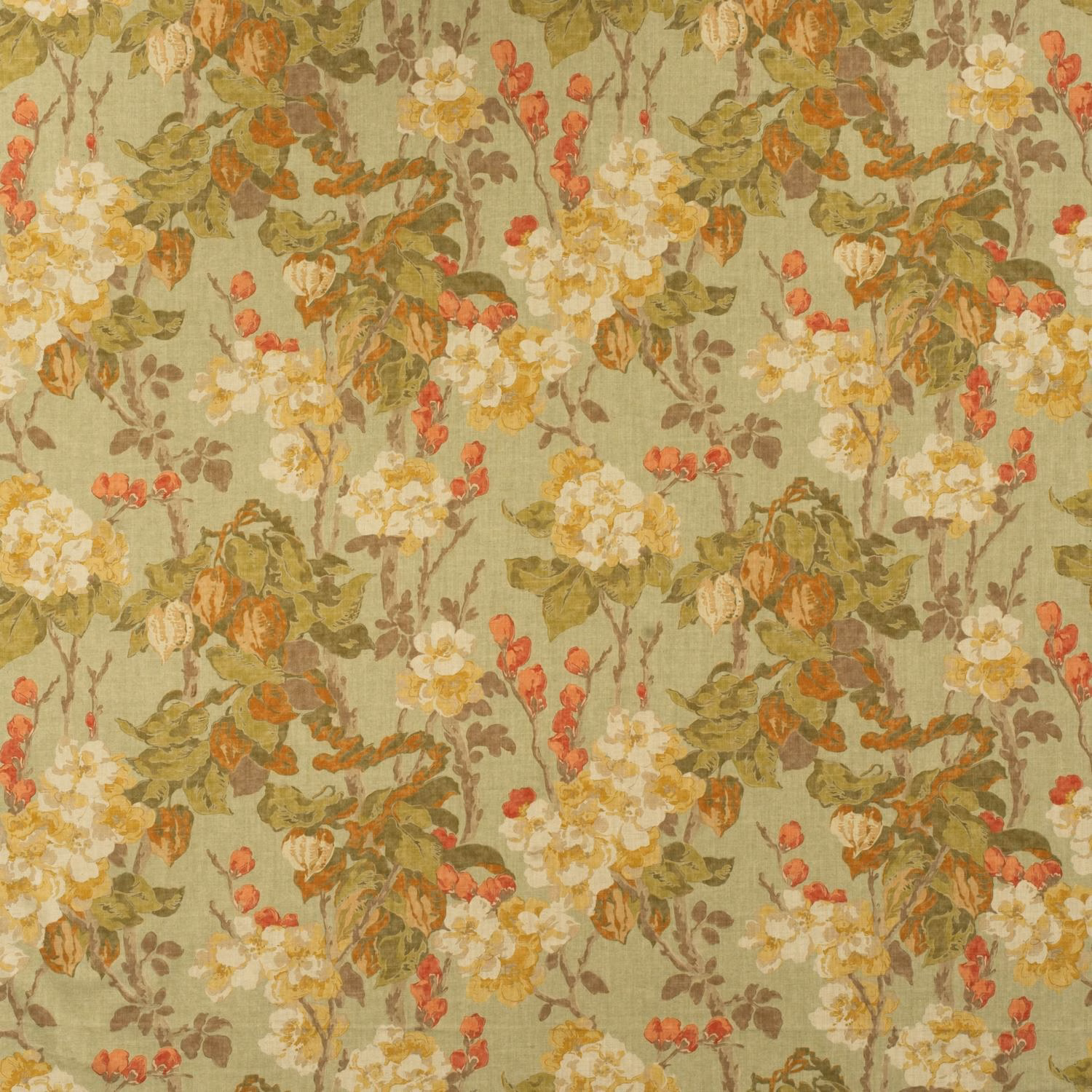 Muted sage cotton print with cream blooms, olive foliage, and coral-red buds