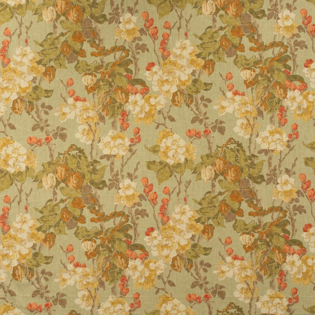 Muted sage cotton print with cream blooms, olive foliage, and coral-red buds