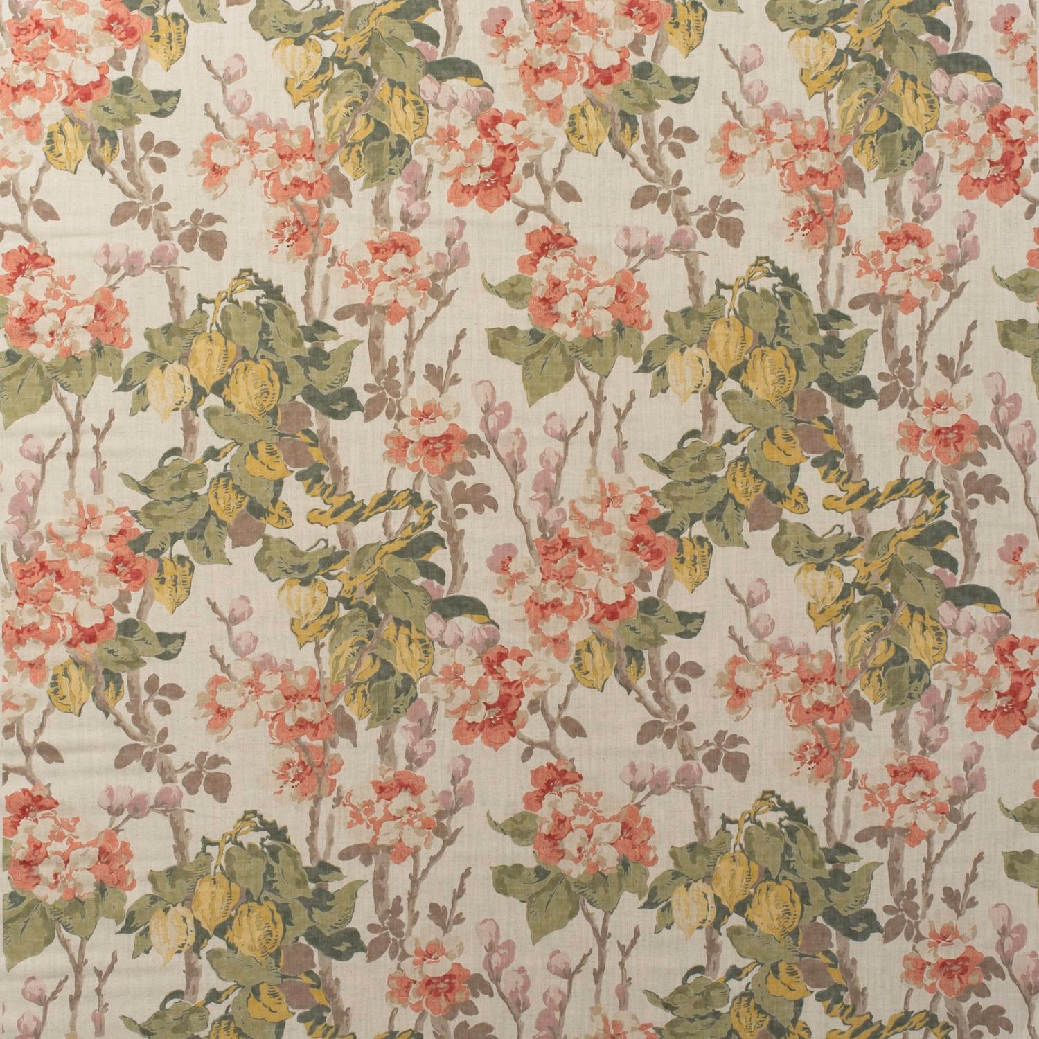 Warm stone cotton print with coral blossoms, olive leaves and muted mustard clusters