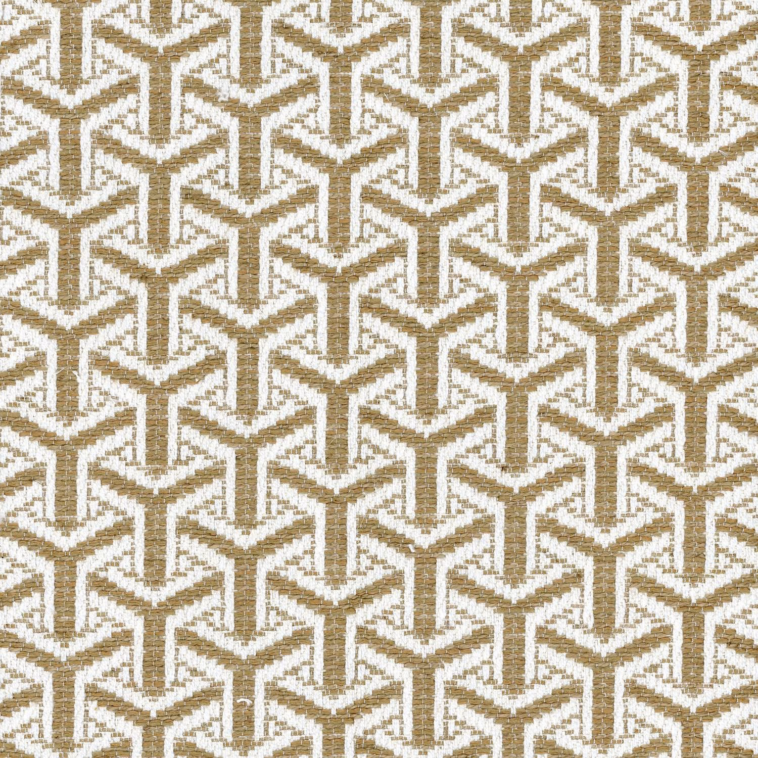Warm almond and ivory woven fabric with interlocking angular geometric motifs