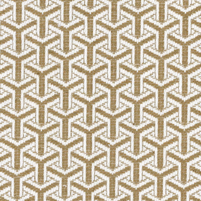 Warm almond and ivory woven fabric with interlocking angular geometric motifs