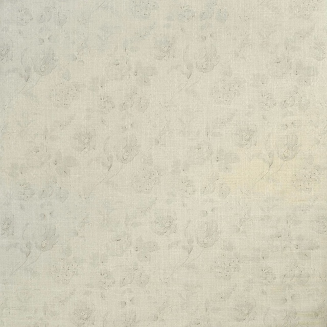 Pale blue-grey Narikala Cloud fabric with ghosted floral scrolls and woven flecks