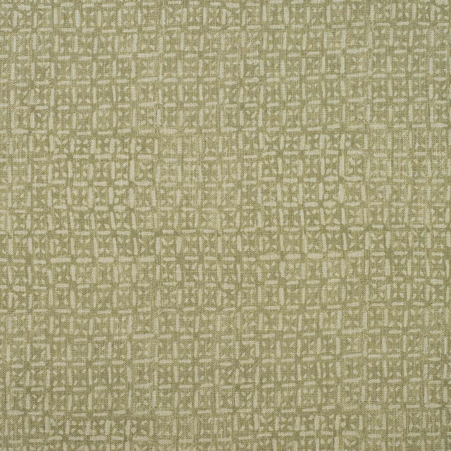 Muted lichen olive fabric with a small irregular batik grid and softly textured weave