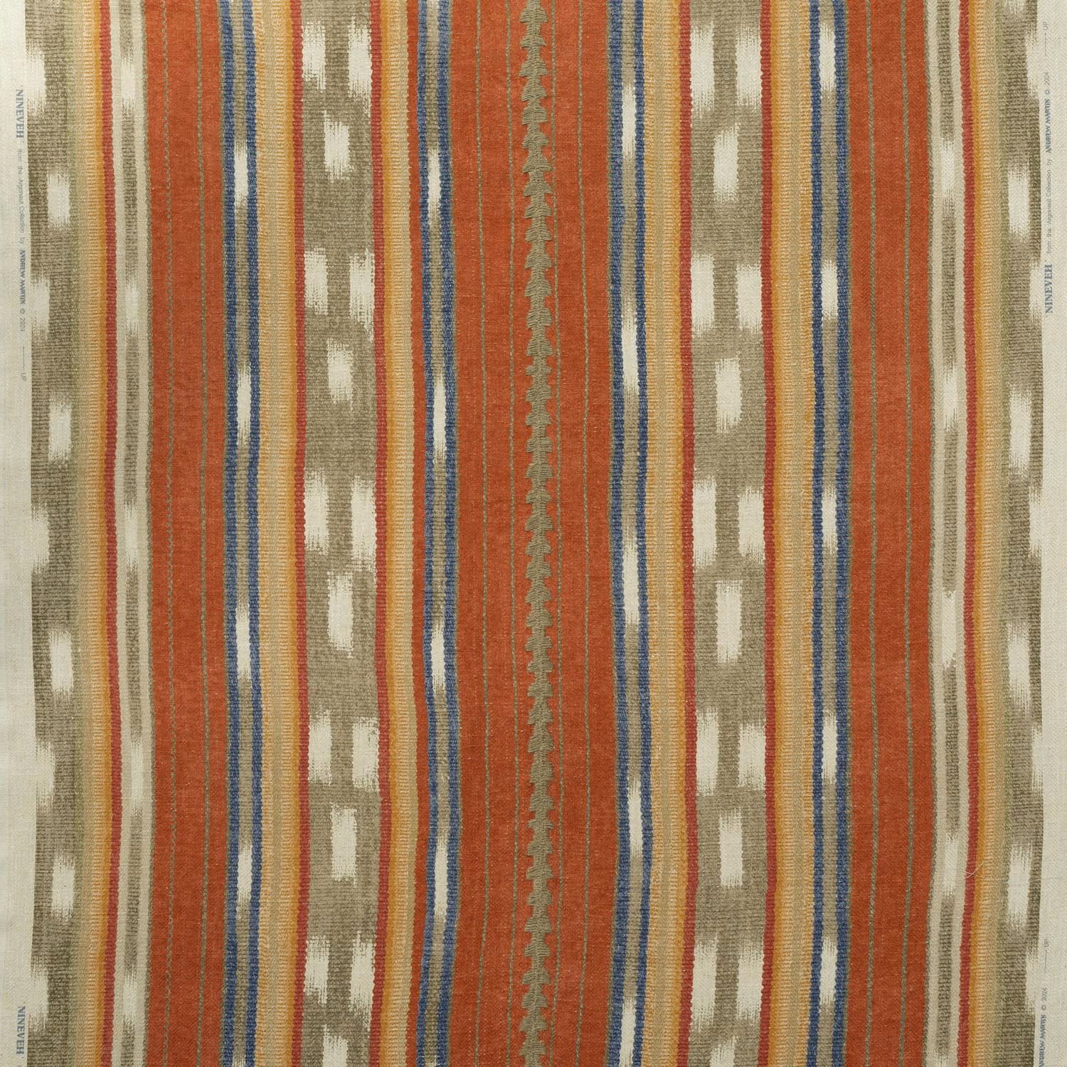 Brick-red and olive striped textile with cream flecks and blue accent lines