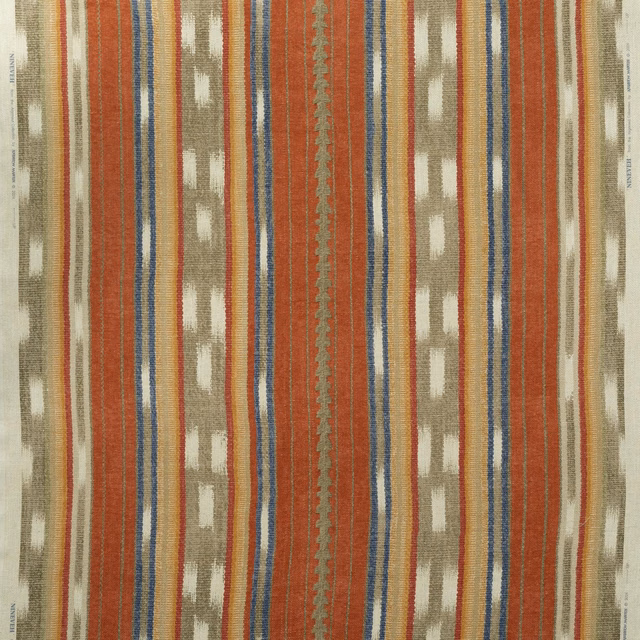 Brick-red and olive striped textile with cream flecks and blue accent lines