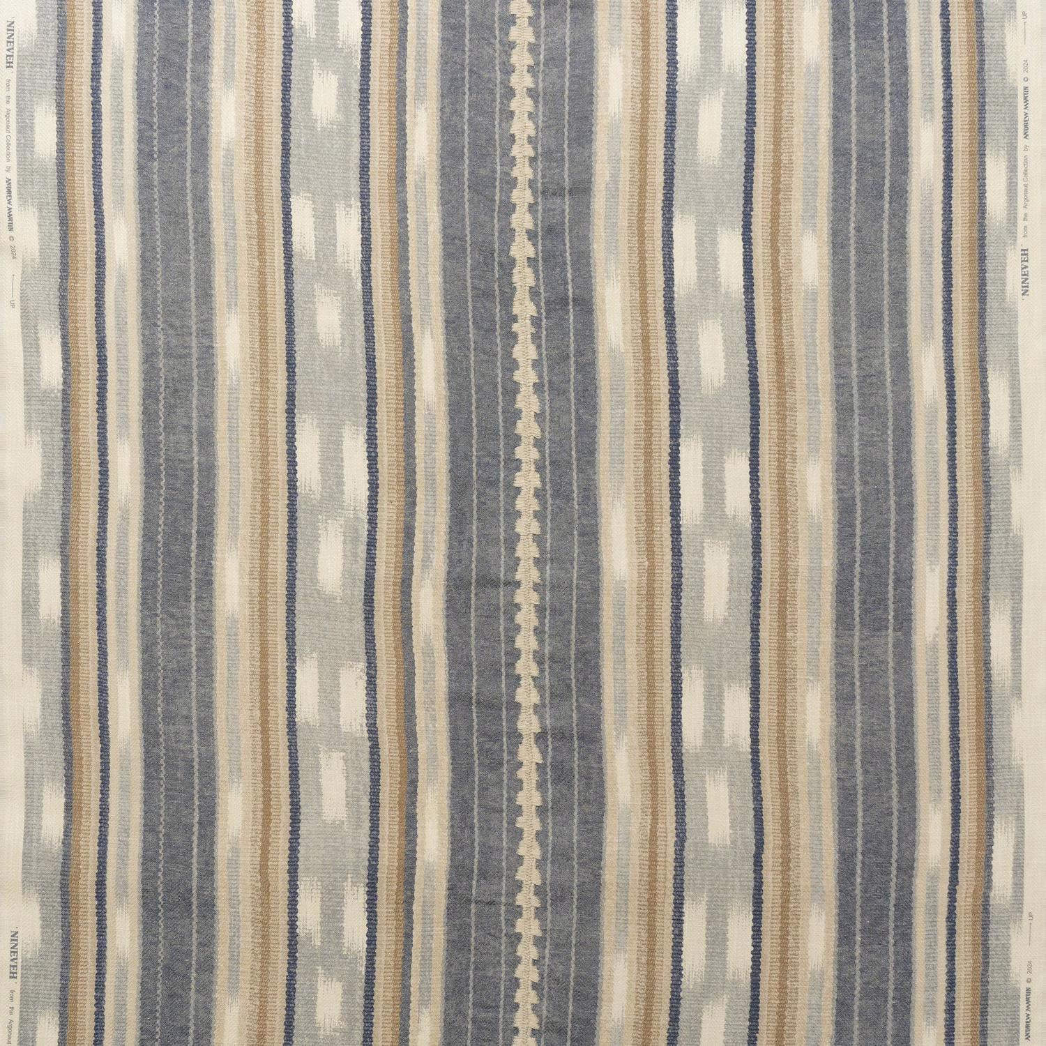 Muted denim blue woven stripe with ivory, taupe and broken vertical accents