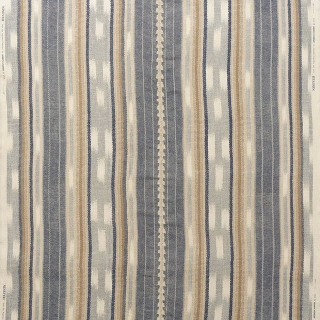 Muted denim blue woven stripe with ivory, taupe and broken vertical accents