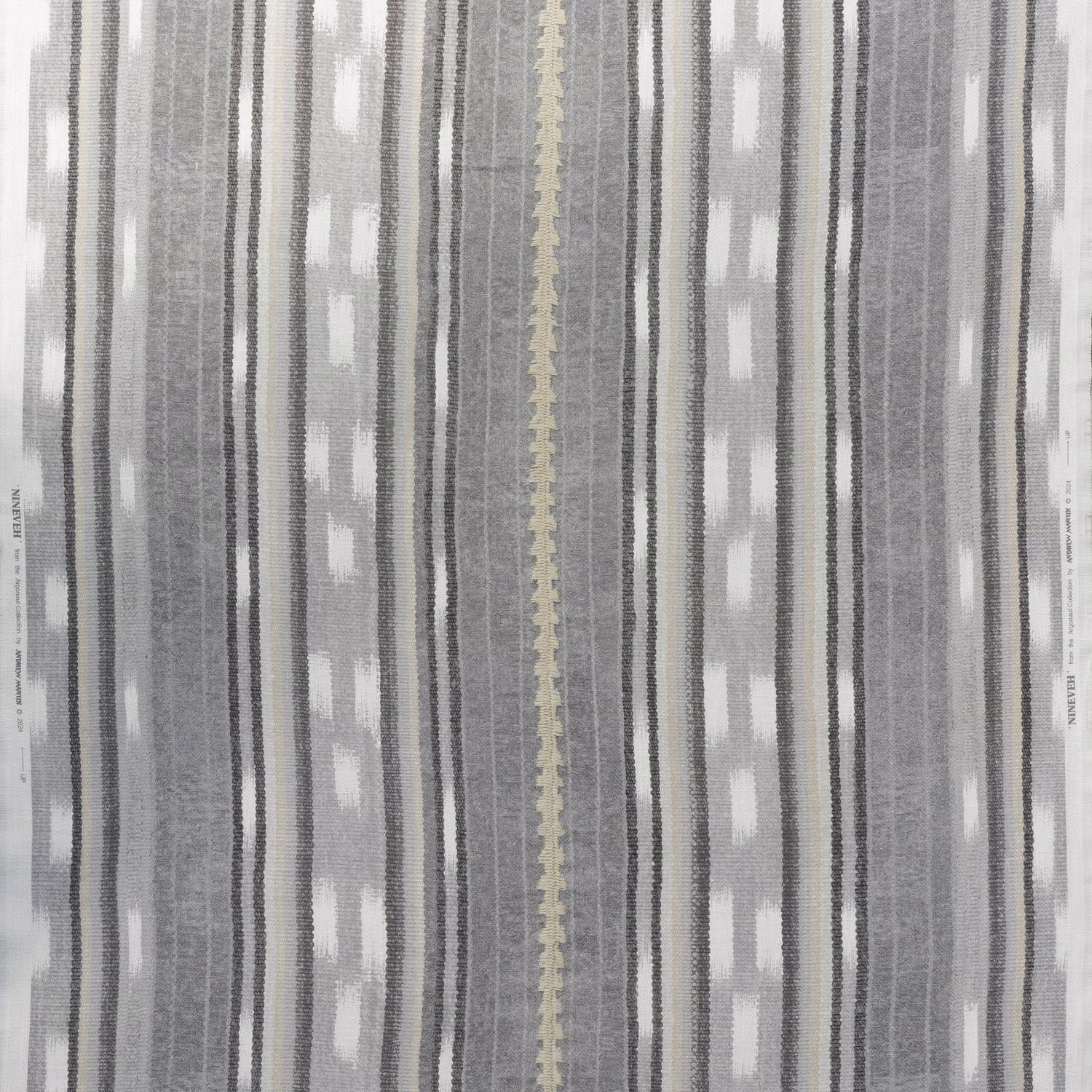 Cool smoke-grey striped fabric with charcoal lines and softly textured woven bands