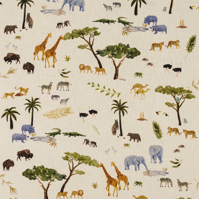 Warm ivory safari fabric with olive trees, ochre giraffes and blue-grey elephants