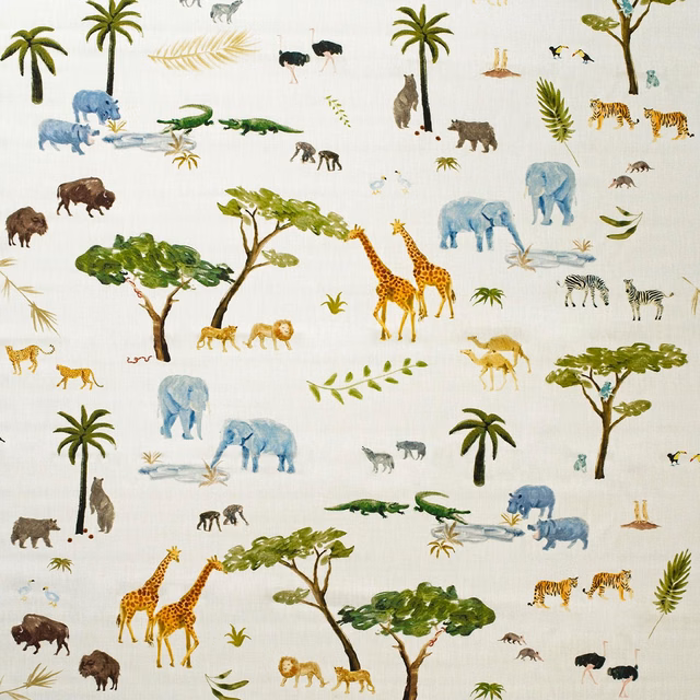 Ivory outdoor fabric with blue elephants, giraffes, palms and safari animals