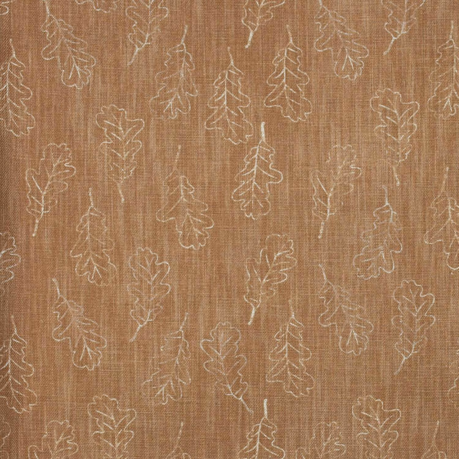 Warm oak-brown fabric with fine cream oak leaf outlines and a subtle vertical weave